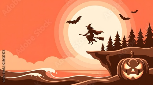 Witch flying on a broomstick over a spooky forest at night