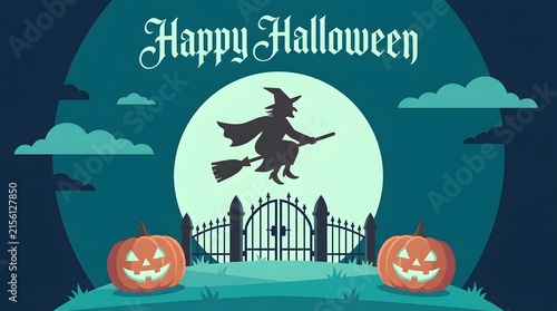 Witch flying on a broomstick with pumpkins for halloween