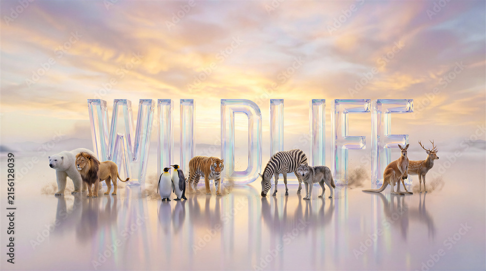 Naklejka premium Animals surrounding the word wildlife in large glass letters. Nature, conservation, education, zoo, animal kingdom.