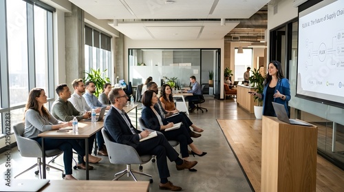 Confident Young Woman Presenting Business Strategy in Modern Office