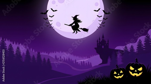 Witch flying on a broomstick with a full moon at night