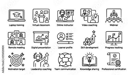 Online learning coaching and professional training outline vector icons for web applications