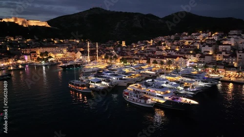 Hvar Harbor Filled With Boats At Night, Croatia