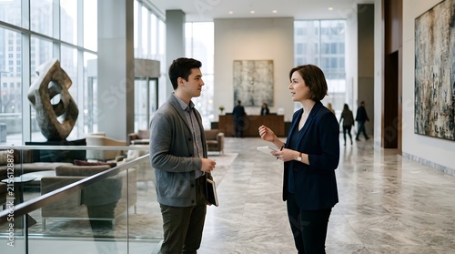 Confident Young Business Colleagues Conversing in Modern Corporate Office Lobby