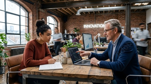 Focused Young Woman Working with Mature Businessman in Office