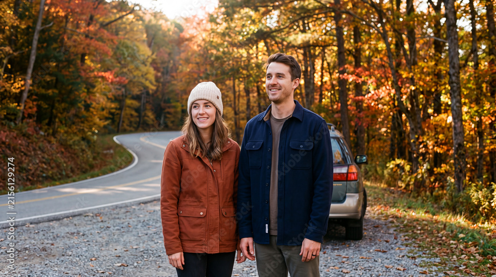 Obraz premium Smiling couple on autumn foliage road trip by mountain road
