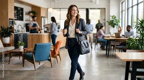 Happy young businesswoman walking inside modern cafe holding coffee cup