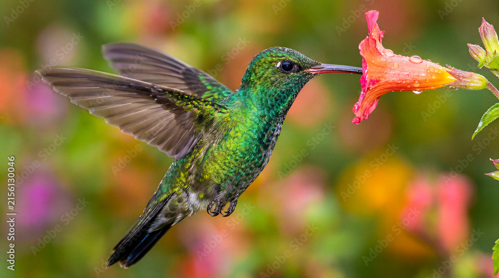 Naklejka premium Hummingbird hovering to sip nectar from orange flower. Wildlife photography, nature, birdwatching, garden, conservation.