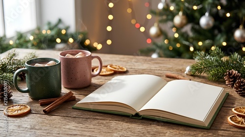 Two mugs of steaming hot chocolate with marshmallows next to an open blank book on a rustic wooden table with cinnamon sticks, dried oranges, and a blurred festive Christmas tree.