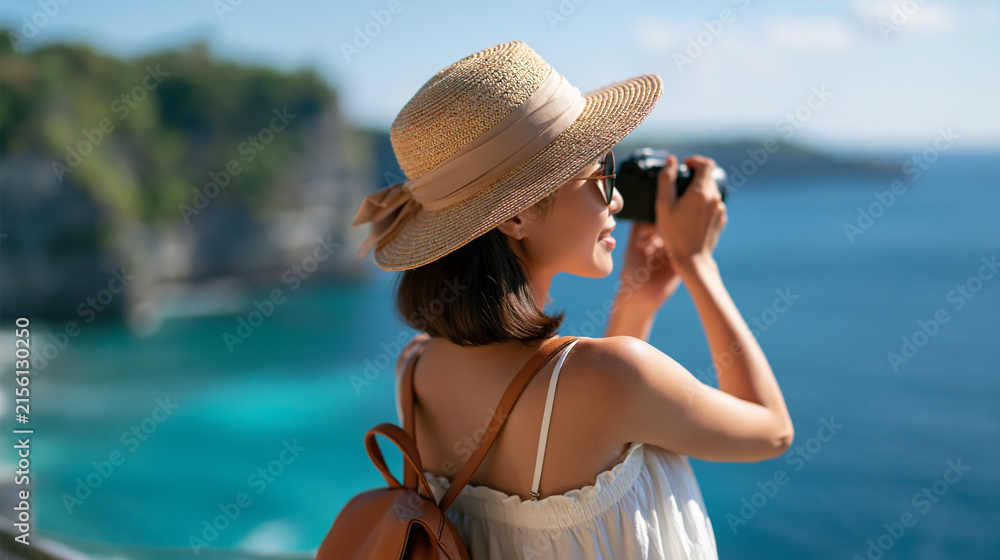 Fototapeta premium rear view of a woman taking a photo of a turquoise ocean viewpoint on a bright coastal cliff, back to camera, travel photography concept, tropical landscape, adventure, outdoor,