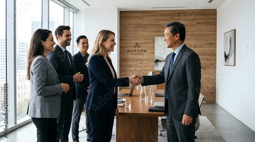 Happy Young Business People Handshaking in Modern Office Interior
