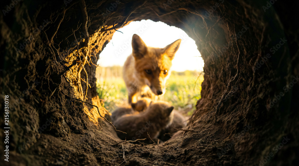 Naklejka premium Fox mother and cub inside den entrance with sunlight streaming in. Wildlife, nature, animal family, conservation, outdoor.