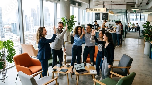 Happy young multiethnic business team celebrating success together in office