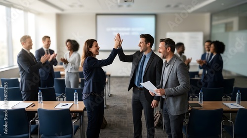 Happy young business team celebrating success with high five in office