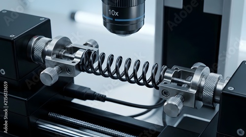 Precision industrial testing rig measuring metal spring tension and durability under load