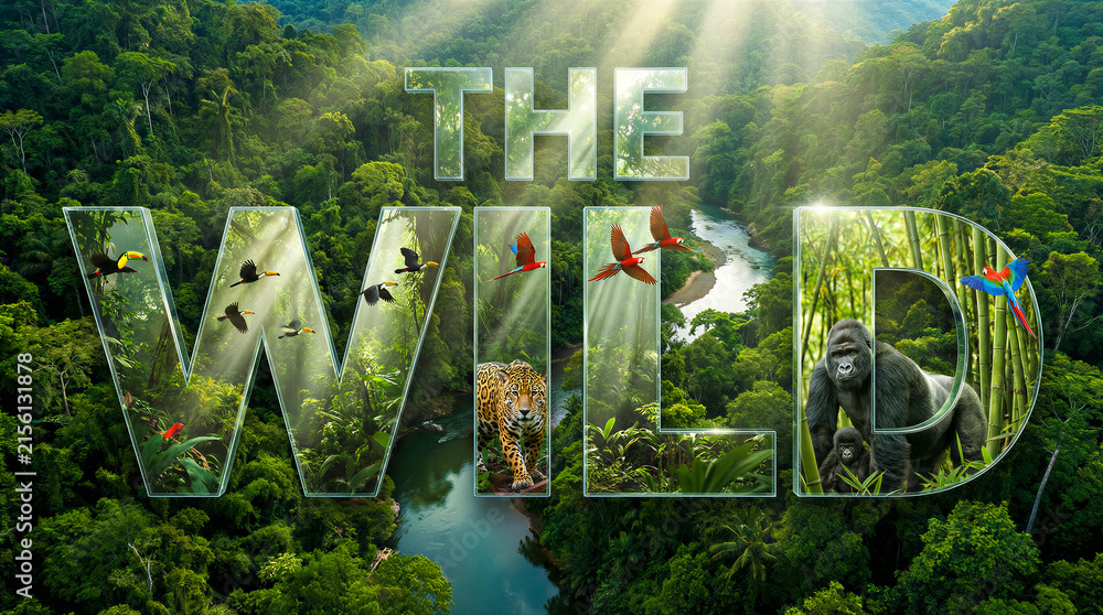 Obraz premium The Wild title letters filled with jungle animals and river scenery. Wildlife conservation, nature documentary, eco tourism.