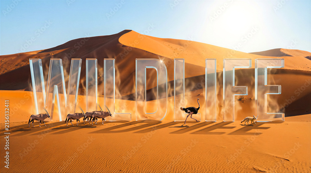 Naklejka premium Wildlife animals walking through desert dunes behind large transparent letters spelling wildlife. Conservation, safari tourism, nature documentary.