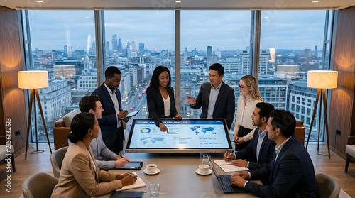 Focused diverse business team collaborating during presentation in modern boardroom