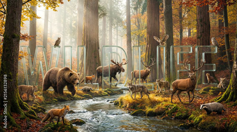Naklejka premium Wildlife animals in autumn forest with stream. Nature conservation, wildlife photography, eco tourism.