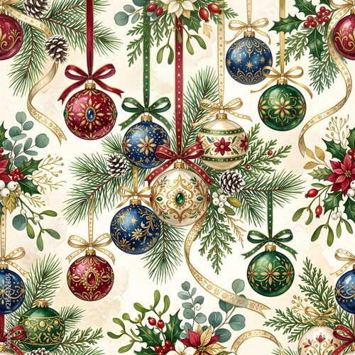 Hand-painted Christmas seamless pattern with richly decorated glass baubles, floral ornaments, golden accents, pine branches and delicate ribbons, watercolor and gouache texture, elegant artistic