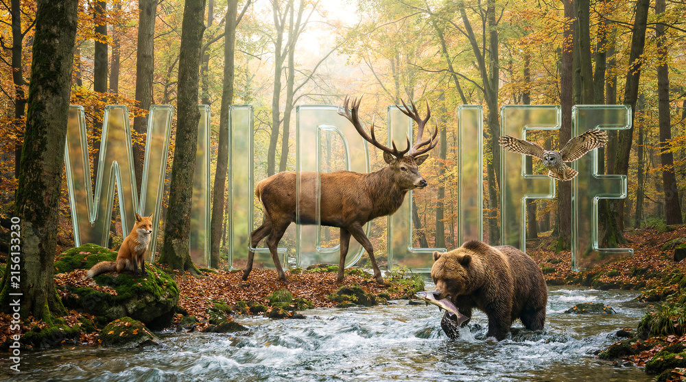 Naklejka premium Wildlife animals in autumn forest with stream. Deer, bear, fox and owl around large glass letters spelling wildlife. Nature conservation, education, tourism.