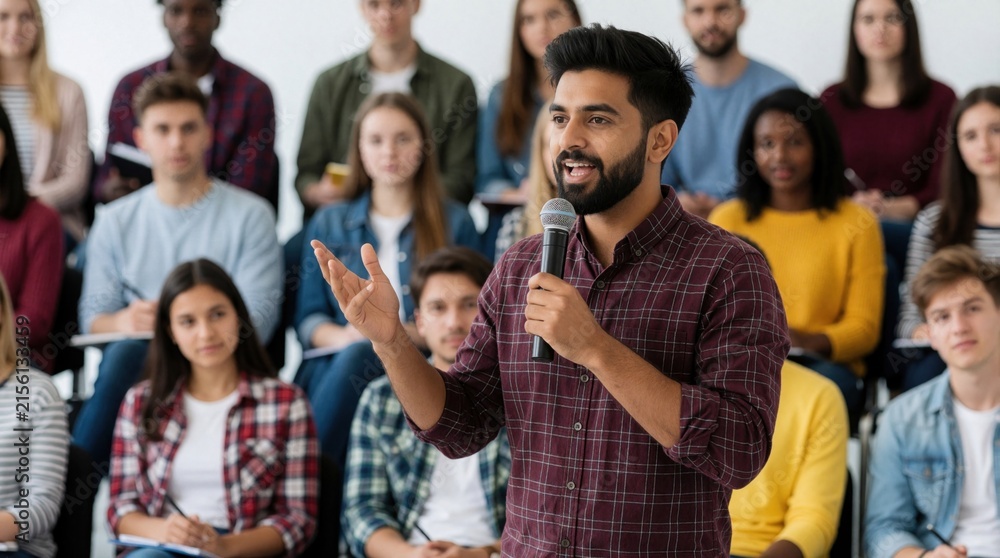 Fototapeta premium Young man with beard speaks into microphone gesturing to diverse students at campus seminar. Audience listens intently during educational presentation event. Diverse youth engage with speaker.