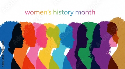 Colorful banner for Women History Month with diverse female silhouettes. Rainbow gradient profile heads represent empowerment, equality, social inclusion. Graphic illustration shows multicultural
