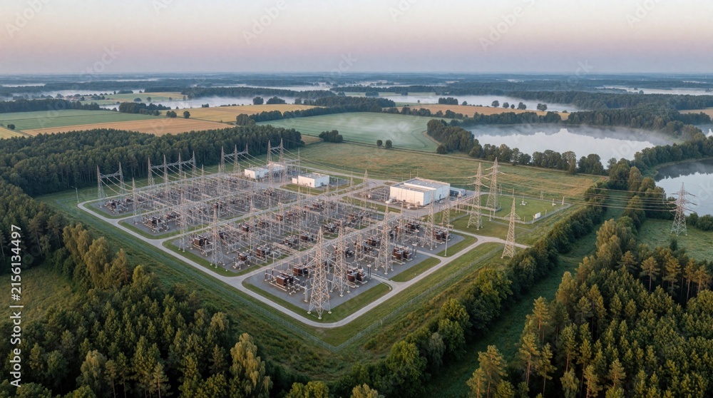 Naklejka premium Aerial view of high voltage power substation in rural landscape. Electrical grid station sits near green forests, farmland, misty lakes. Industrial energy infrastructure provides electricity supply