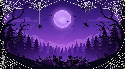 Spooky pixel art halloween landscape with full moon and cobwebs