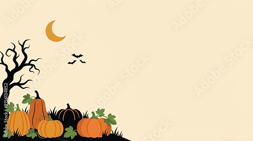 Halloween pumpkins with spooky tree and bats on a light background