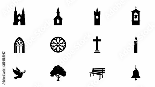 Minimalist black silhouettes of religious and nature symbols on light background with natural elements against stark white backdrop