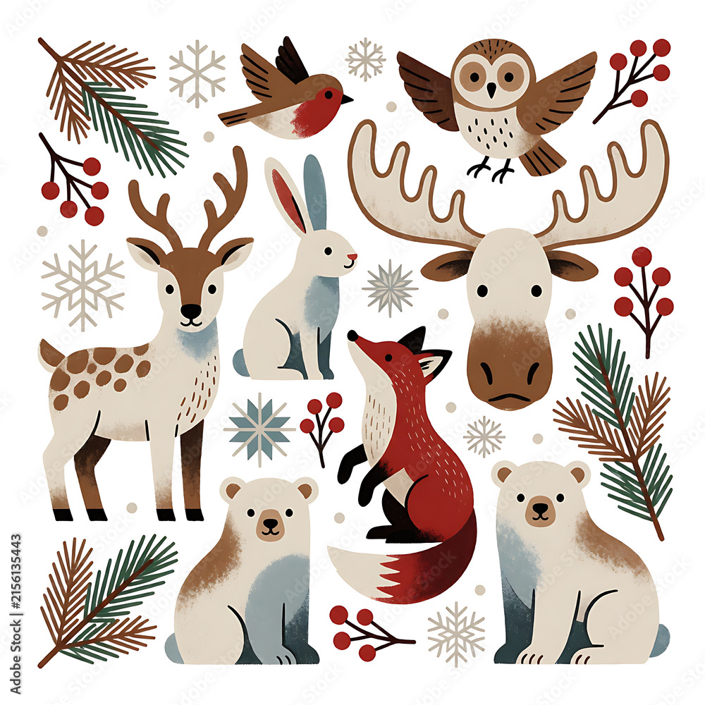 Naklejka premium Cute winter set of Scandinavian animals: deer, moose, fox, bears, owl, bird and hare with pine branches