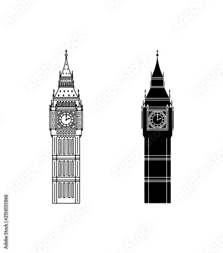 Big Ben Clock Tower Icons, London Landmark Silhouette, Architectural Vector Art, British Travel Symbol
