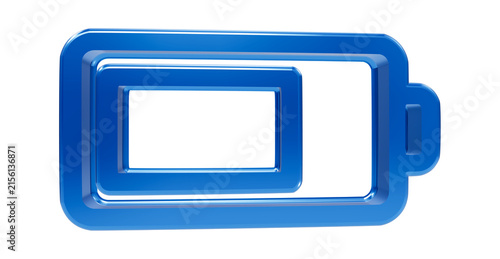 Foto Glossy blue battery charge with empty capacity level on a transparent background