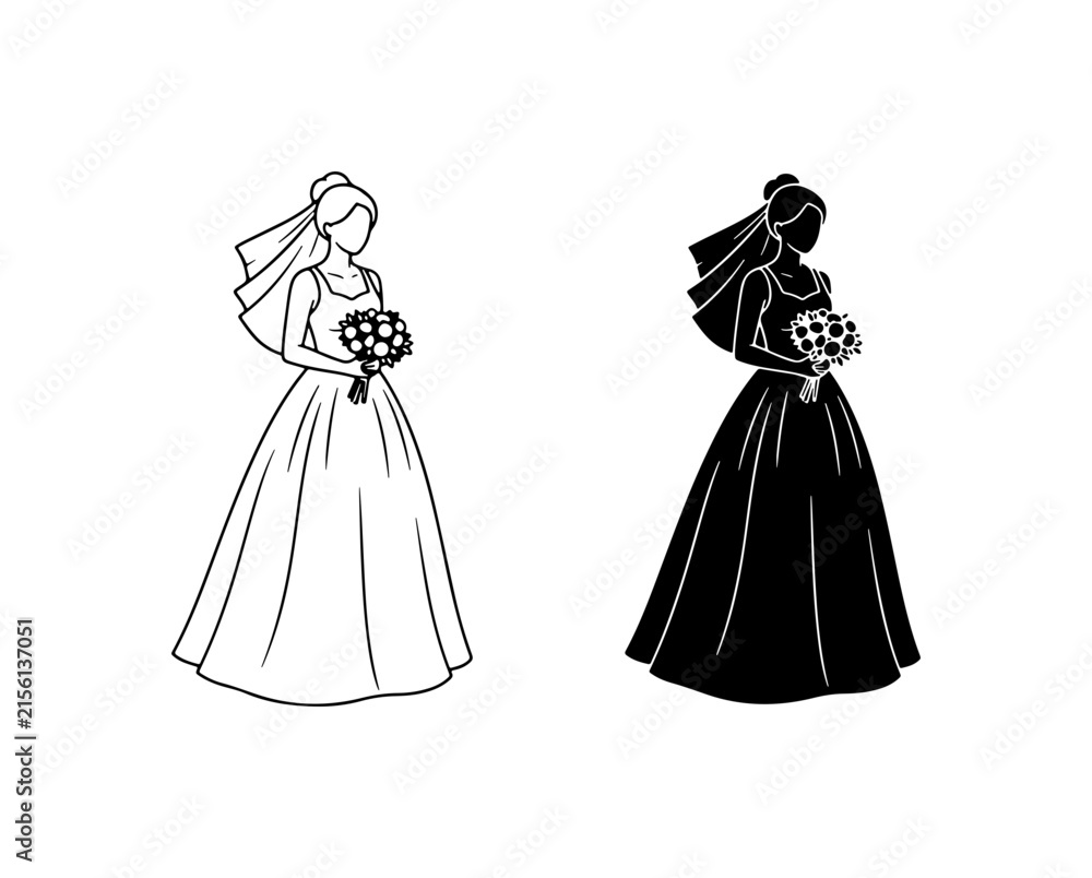 Fototapeta premium Bride Silhouette Vector, Wedding Dress Icon, Bridal Bouquet, Elegant Female Figure, Marriage Symbol