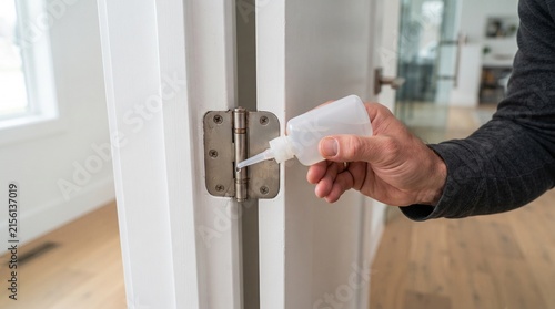 Plakat w ramie A person's hand applies lubricant from a small bottle to a door hinge, a common home maintenance task for a squeaky door.