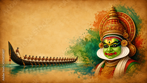 Traditional green kathakali dancer face art beside wooden snake boat racing water sports during happy onam south indian festival in kerala celebration