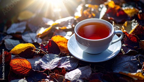 Hot tea and leaves, cozy autumn photo