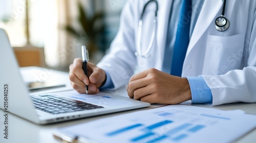 Healthcare Data Analyst Reviewing Anonymous Clinical Reports Medical Monitoring System Scene, advanced medical technology, AI diagnostic innovation, connected digital healthcare