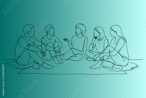 Continuous line drawing of diverse group of friends sitting in a circle talking and sharing ideas