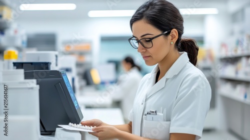 Hospital Pharmacist Verifying Prescriptions Using Assisted Medical Monitoring System Scene, advanced medical technology, AI diagnostic innovation, connected digital healthcare