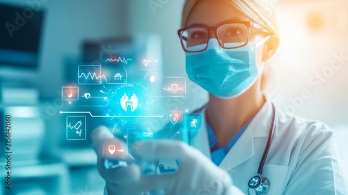 Smart Healthcare Ecosystem Integrating Wearable Medical Devic Medical Monitoring System Scene, advanced medical technology, AI diagnostic innovation, connected digital healthcare