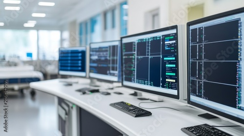 Smart Hospital Control Room Monitoring Patient Devices Health Biomedical Innovation Display, advanced medical technology, AI diagnostic innovation, connected digital healthcare