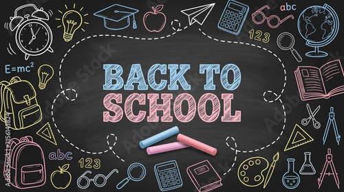 Back to school lettering on blackboard with colorful hand drawn chalk educational icons and school supplies