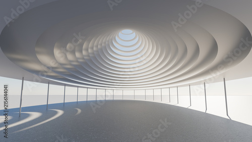 Abstract White Architecture Interior, 3D Render Modern Tunnel Hall, Circular Ceiling Rings Light, Minimalist Empty Space Columns, Futuristic Building Perspective Background, Clean Geometric Design