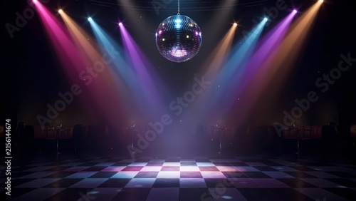 A glamorous retro disco dance floor featuring a large sparkling mirror ball hanging from the ceiling, illuminated by colorful theatrical spotlights casting pink, blue, and orange beams across the room