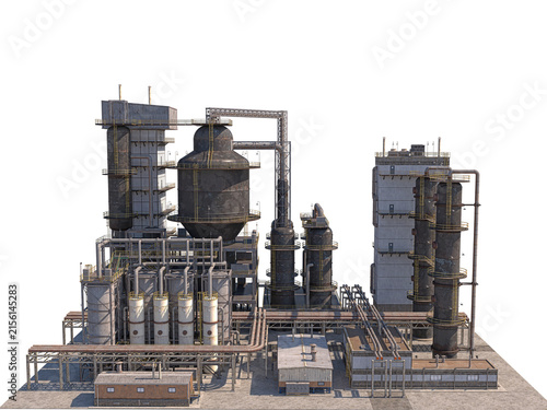 Oil and gas refining plant isolated on white background, industrial facility 3D rendering