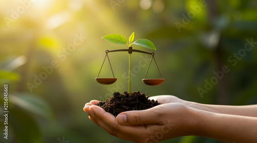 Environmental balance concept hands holding soil and scale sapling