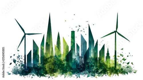 Green watercolor industrial city skyline with wind turbines and smokestack for clean energy