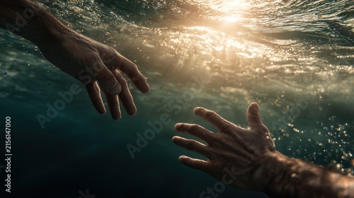 Jesus reaching out to save Peter beneath the waters in a moment of faith and rescue.